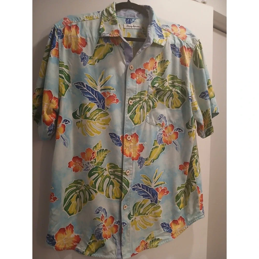Tommy Bahama Silk Shirt Mens M Hawaiian Botanical Floral Fern Blue Button Up - Picture 1 of 8